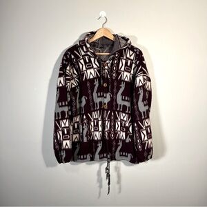 Andes Vintage Alpaca Wool Aztec Pattern Hooded Maroon Jacket
